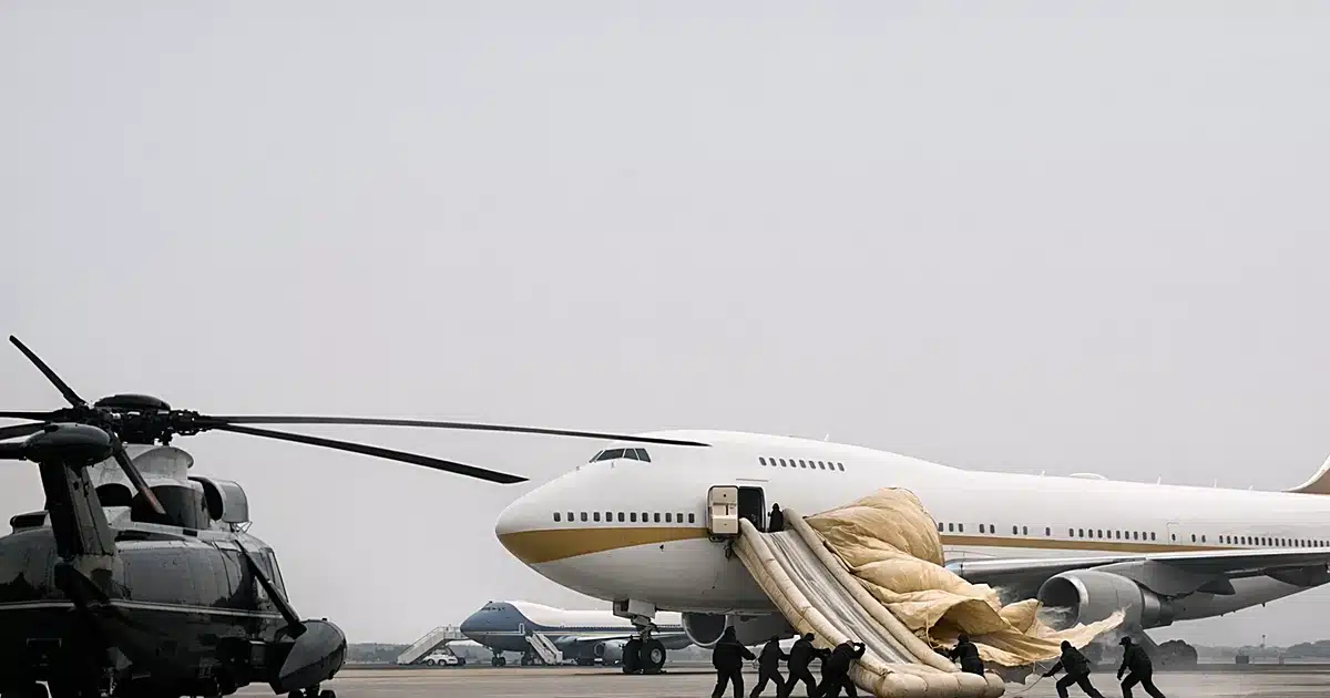 Emergency slide deployed from aircraft on tarmac with helicopter in foreground and backup plane behind