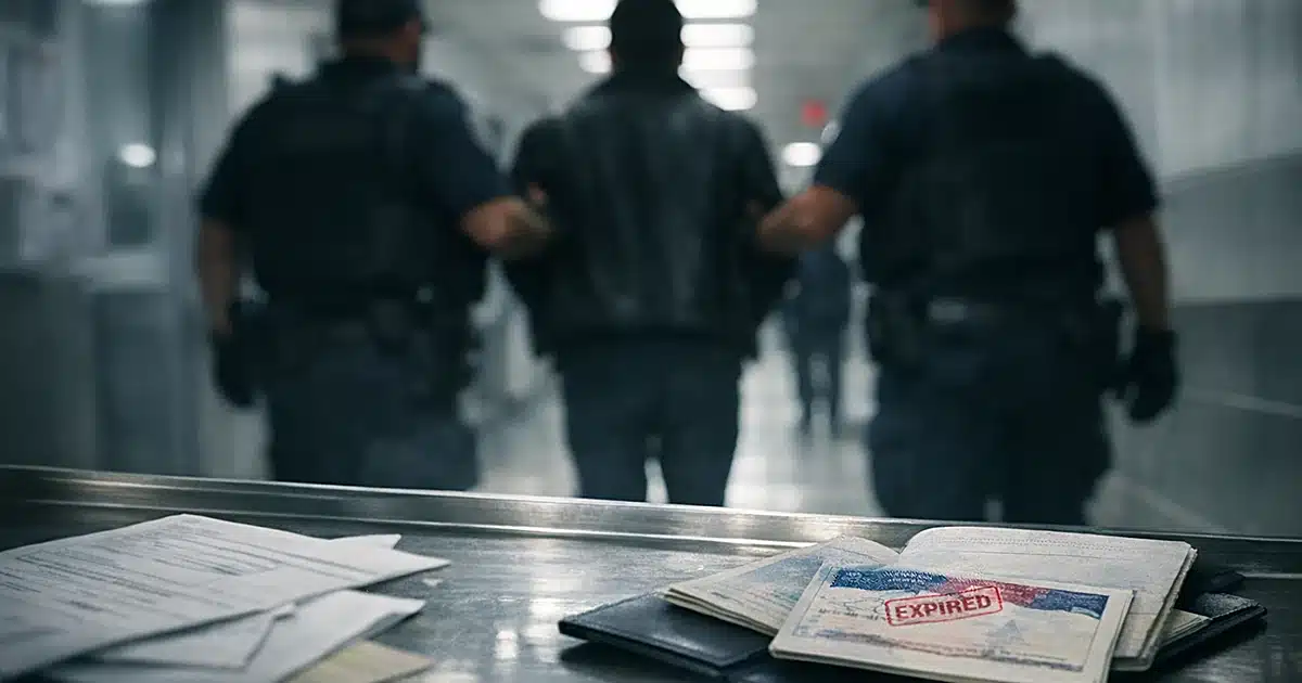 Silhouetted figure escorted by officers through airport immigration checkpoint with documents on inspection table
