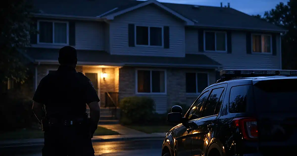Police patrol car parked outside darkened townhouse at dusk with officer silhouette during welfare check response