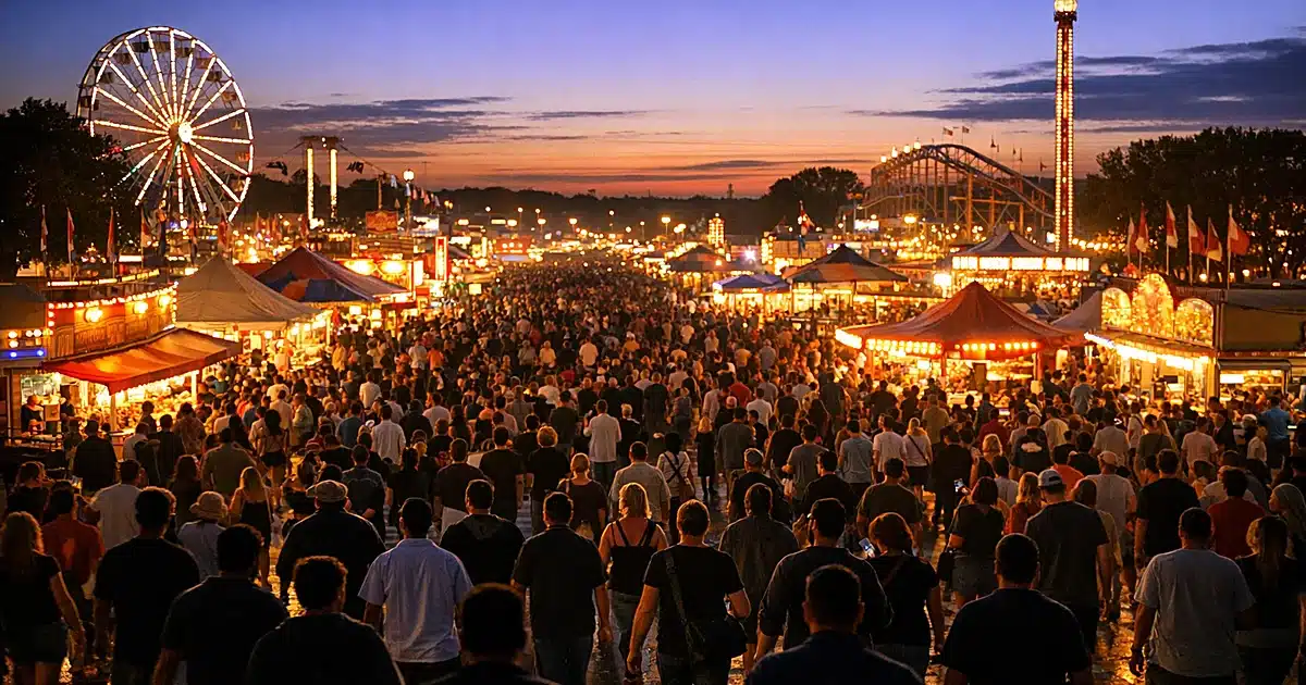 Crowded state fairground midway at dusk with dense crowds of silhouetted figures under carnival lights