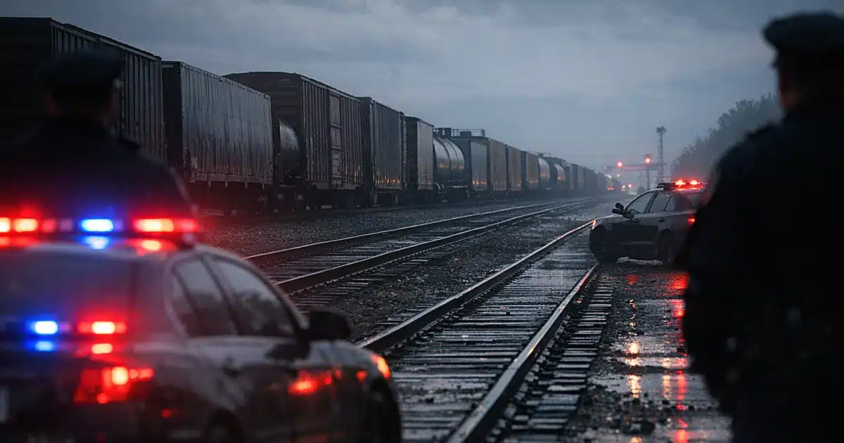 Freight train cars in rail yard at dusk with emergency vehicle lights reflecting on wet surfaces