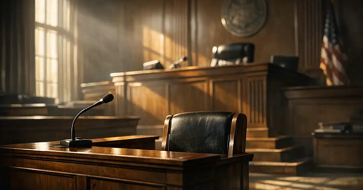 Empty courtroom interior with judge's bench and witness stand in dramatic afternoon light