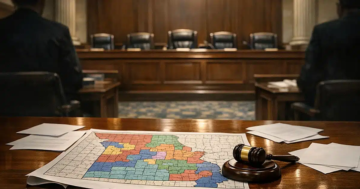 Empty courtroom with congressional district map spread on table before judicial bench