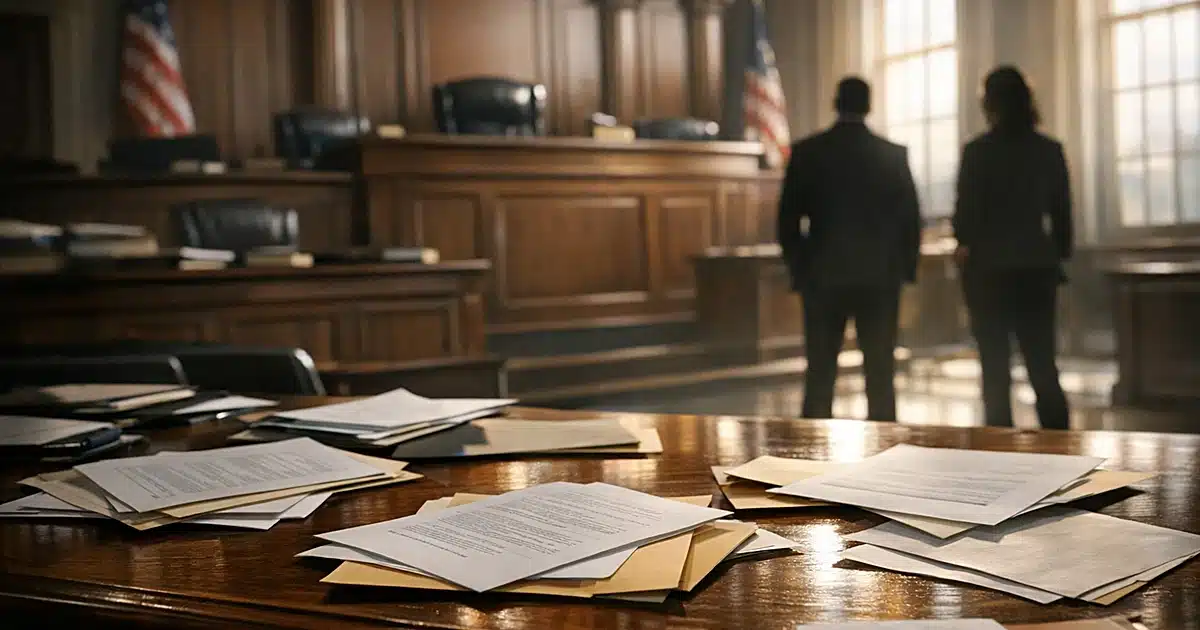 Empty Missouri courtroom with scattered legal documents on judicial bench and silhouetted figures by windows