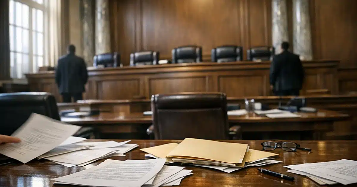Empty courtroom bench with scattered legal documents on counsel table in natural daylight