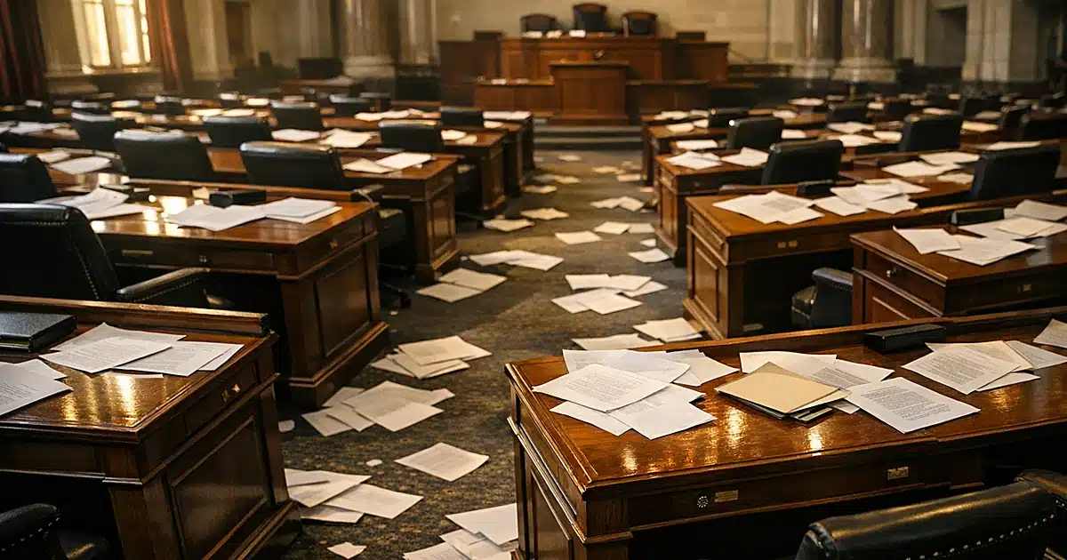 Empty legislative chamber with scattered papers on desks, afternoon light streaming through windows