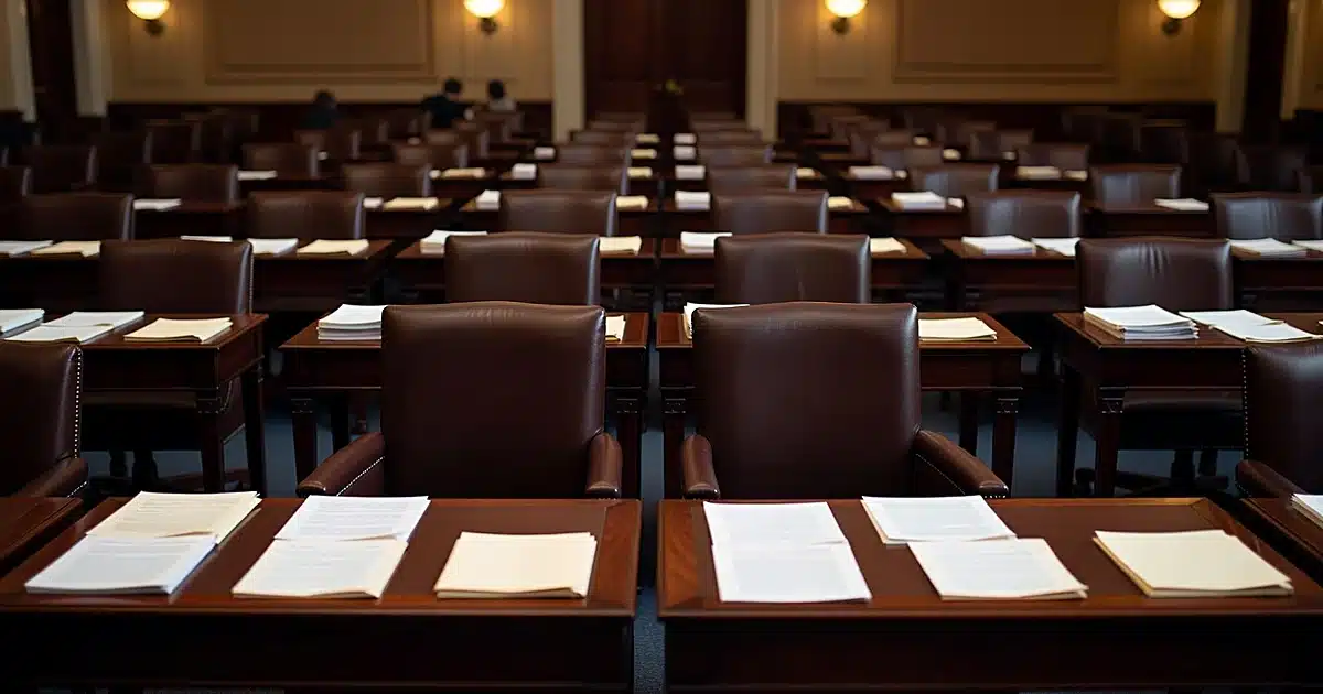 Two empty Senate chamber chairs positioned side by side with legislative documents on desks between them