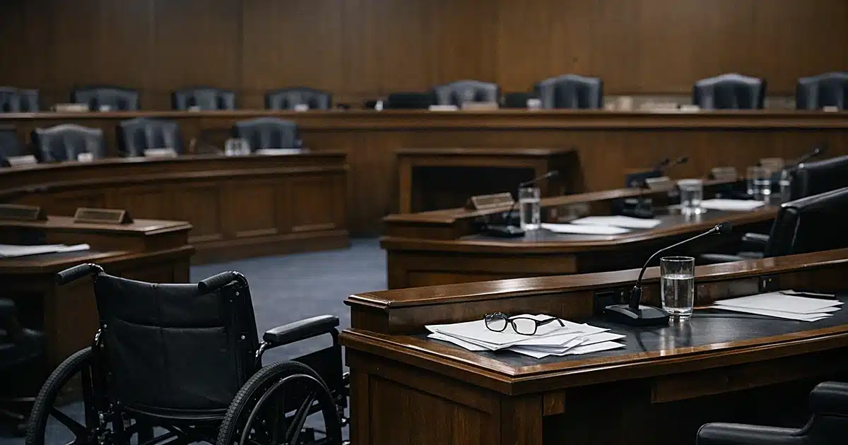 Empty Senate committee room with wheelchair at vacant desk among scattered papers