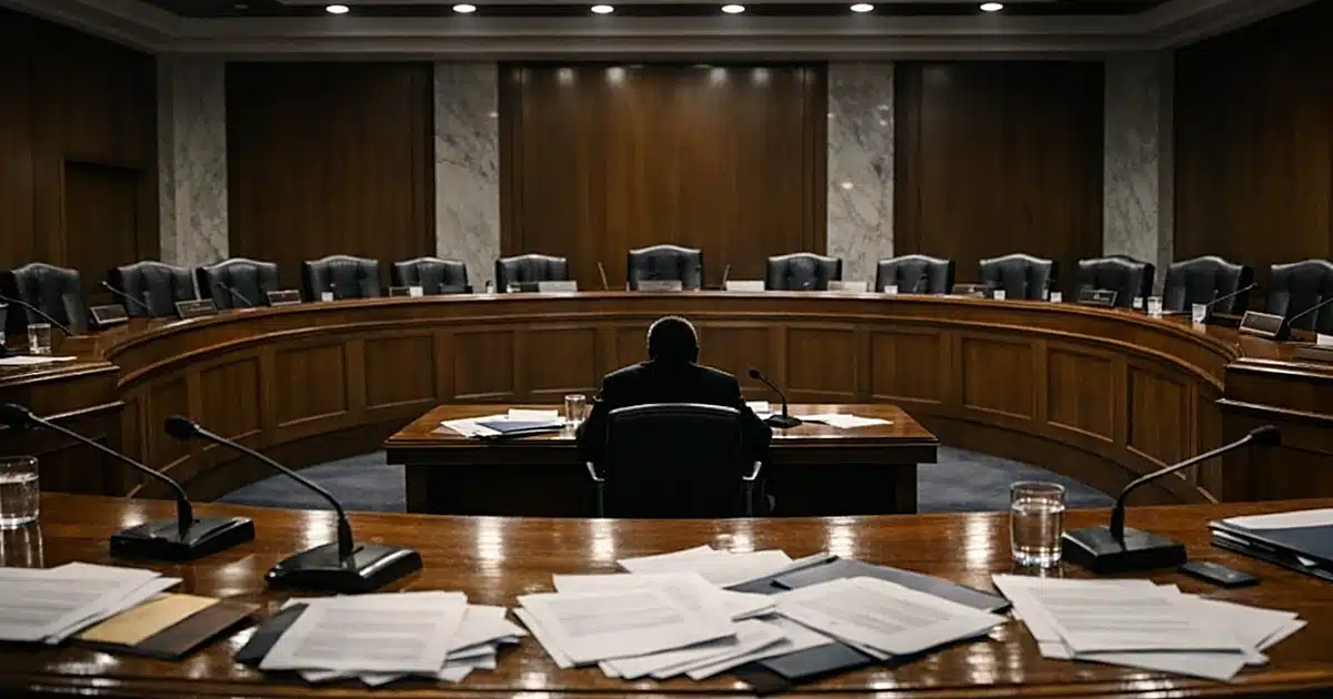 Empty Senate committee room with vacant chairs at curved dais and single silhouetted figure seated alone