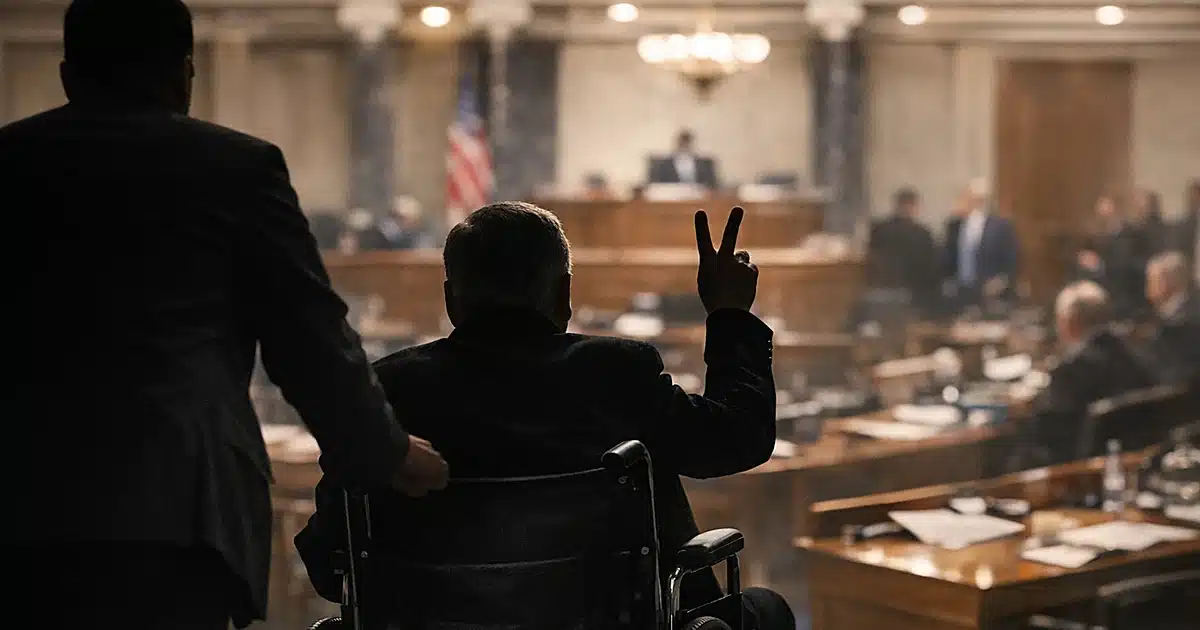 Featured image for: Mitch McConnell returns to Capitol Hill, flashes peace sign from wheelchair