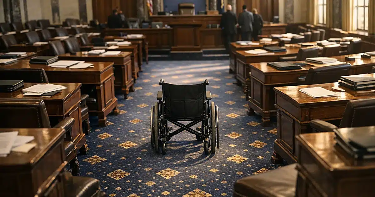 Empty Senate chamber with wheelchair in center aisle, afternoon light through windows