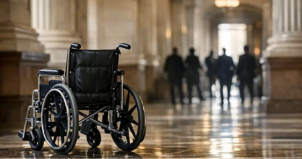 Empty wheelchair on marble floor in classical government building corridor with blurred columns in background