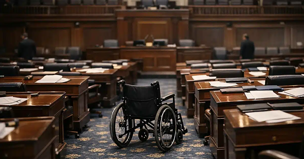 Empty Senate chamber with wheelchair in aisle between wooden desks under overhead lighting