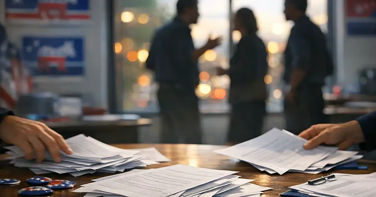 Campaign office table with scattered papers and silhouetted figures in tense discussion through window at dusk
