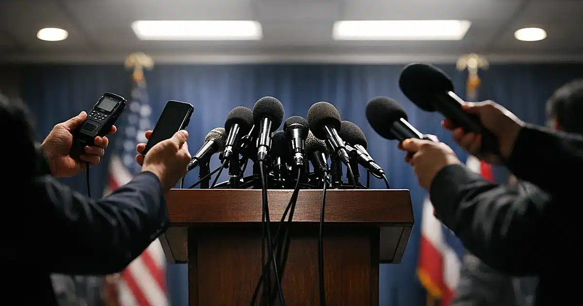 Press briefing podium with microphones as silhouetted reporters reach forward with recording devices