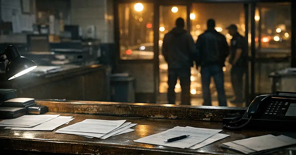 Interior of police precinct desk at night with silhouetted figures near entrance in background