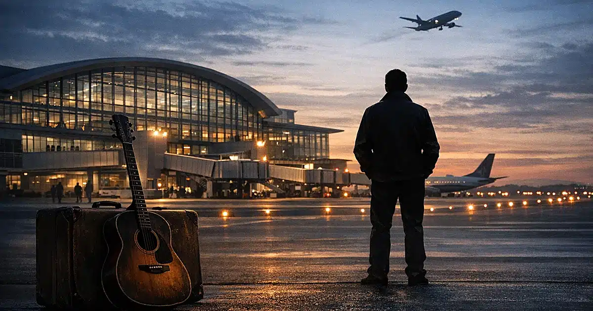 Silhouette viewing airport terminal with guitar and suitcase in foreground at dusk