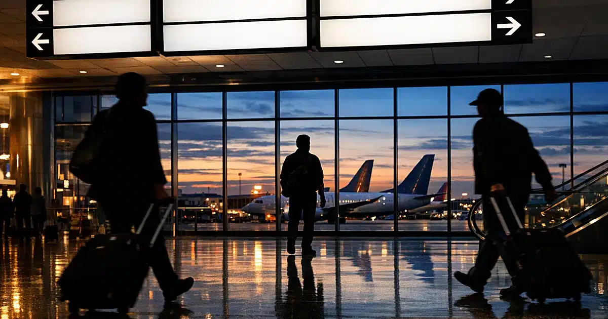 Airport terminal interior with travelers in silhouette moving through concourse at dusk with aircraft visible outside