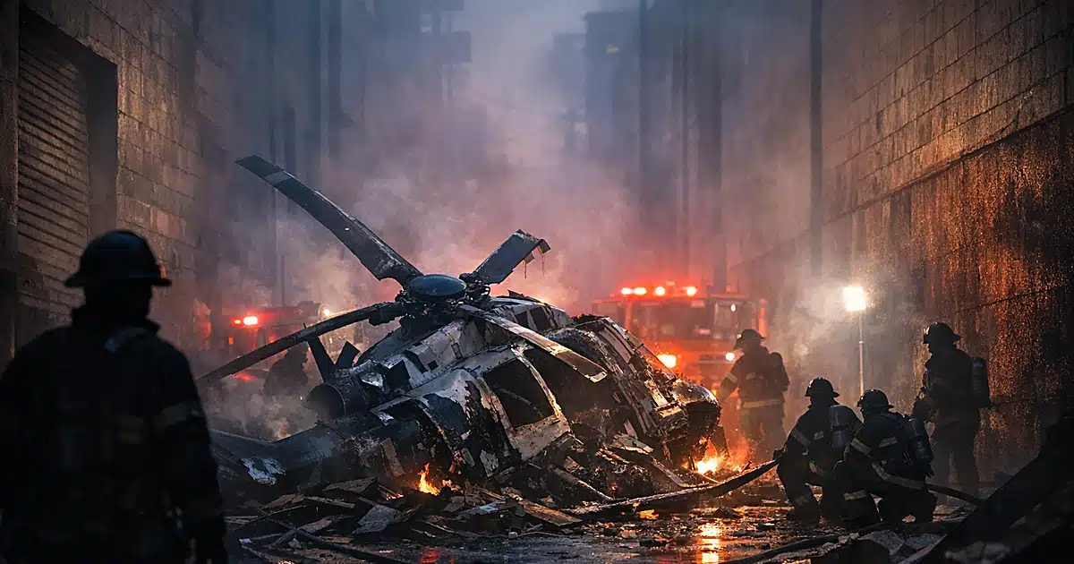 News helicopter wreckage between commercial buildings with firefighter silhouettes working at dusk