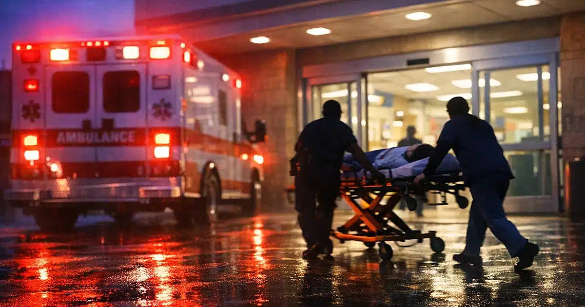 Emergency room entrance with ambulance lights and medical staff wheeling gurney through automatic doors at dusk