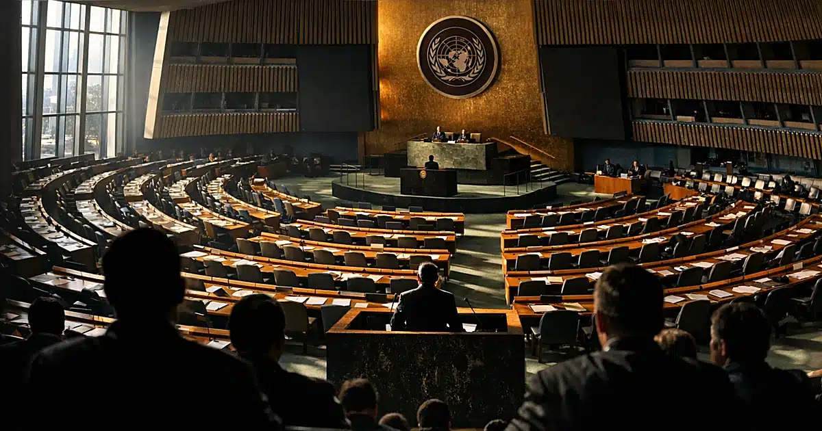 Empty United Nations General Assembly hall with curved delegate seating rows and central podium in dramatic lighting