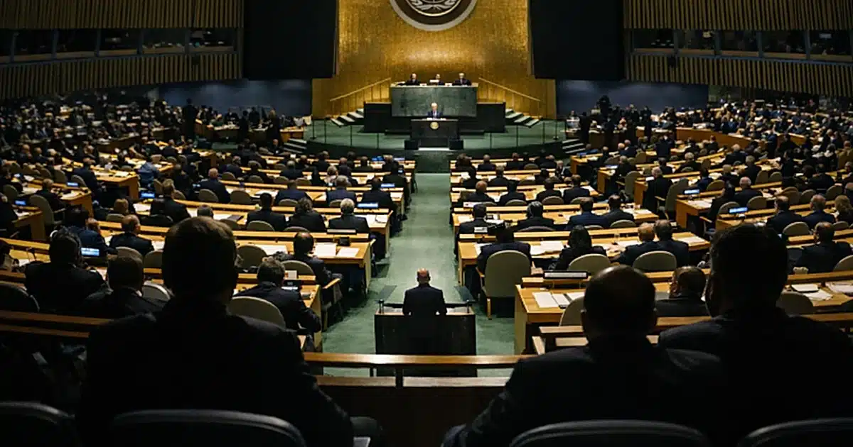 Wide view of UN General Assembly hall interior with podium spotlit and silhouetted delegates in curved seating rows