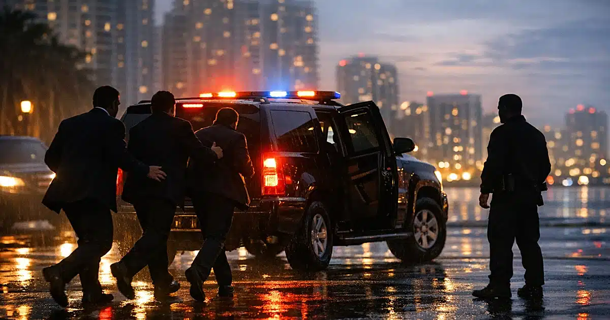Security personnel silhouettes moving urgently toward armored vehicle with emergency lights on wet Miami street at dusk