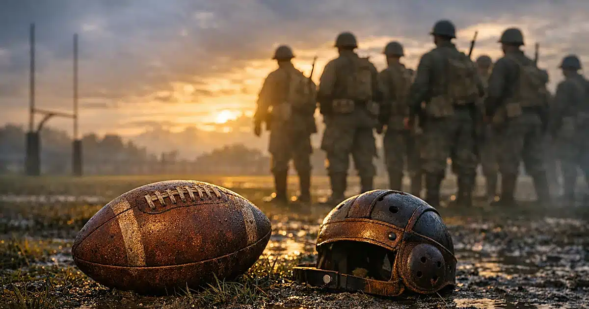 Vintage football and leather helmets on muddy field with silhouettes of WWII Marines in background at dusk