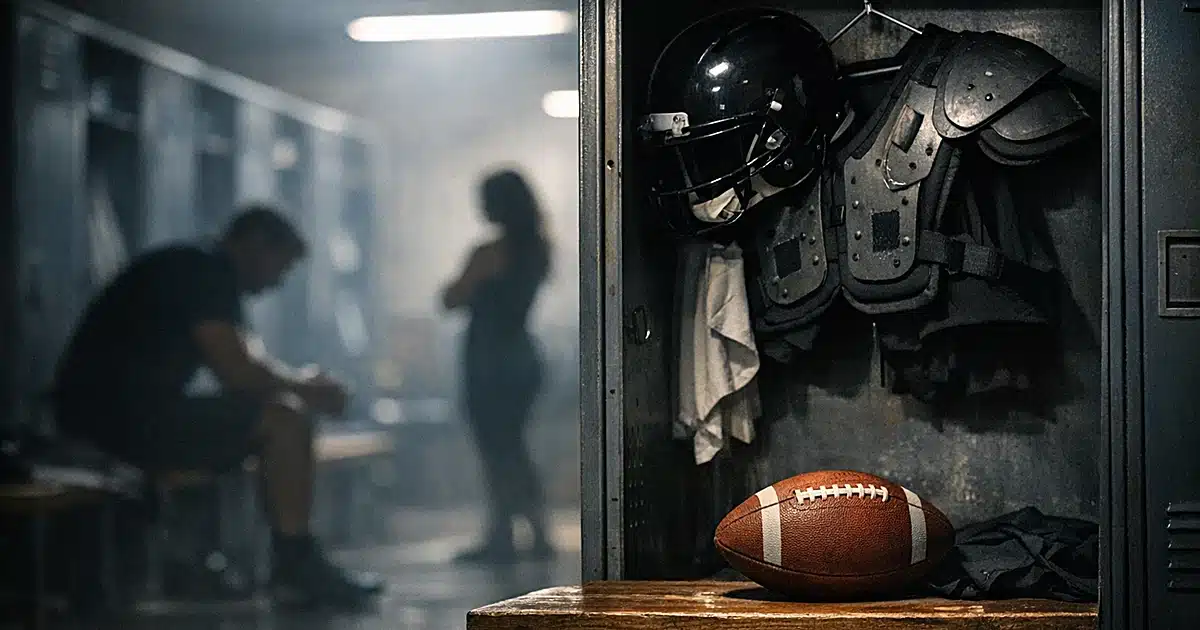 Empty football locker room with helmet and gear left in open locker, dramatic overhead lighting