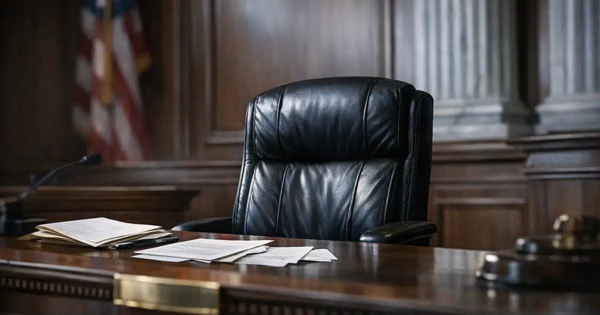 Empty chief justice chair behind New Hampshire Supreme Court bench with scattered documents in dramatic window light