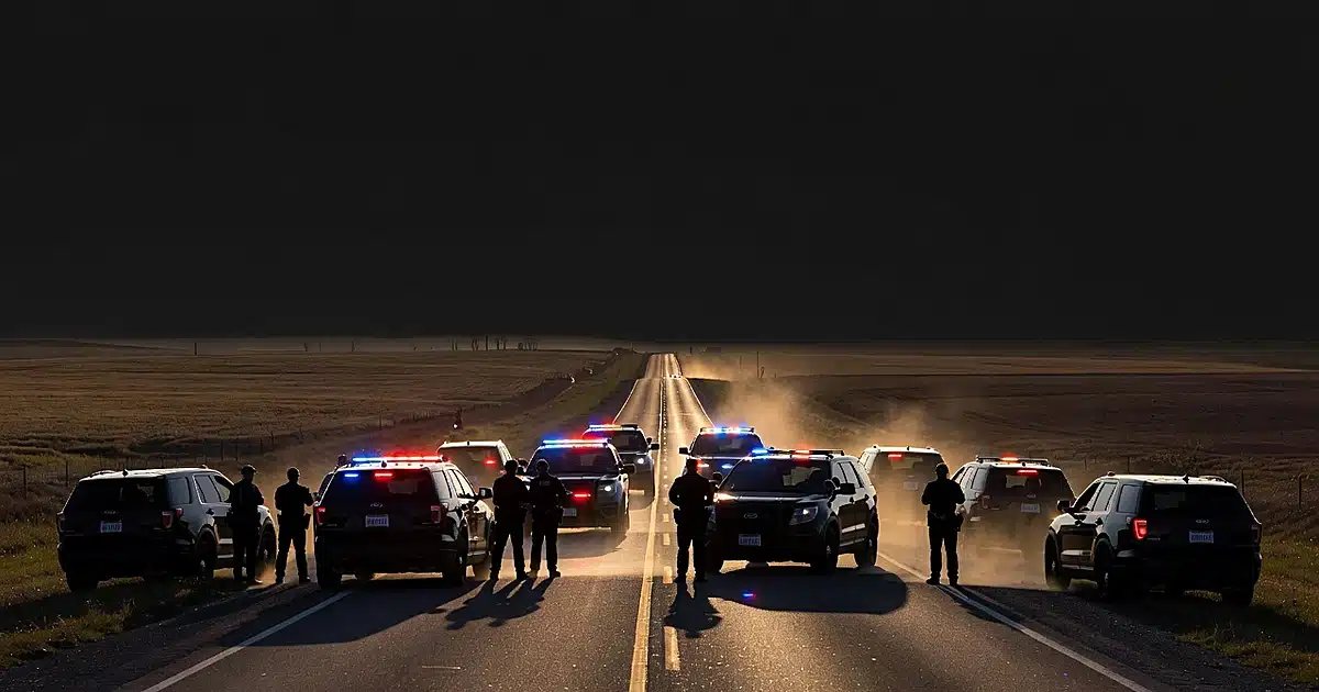 Law enforcement vehicles with flashing lights blocking a rural highway at sunset with silhouetted officers
