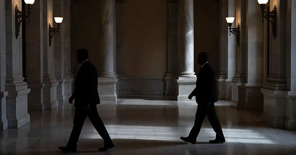 Two silhouetted figures walking opposite directions in ornate government building hallway
