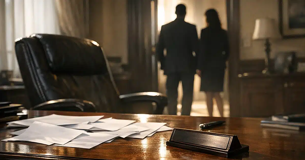 Empty executive office desk with pushed-back chair and silhouetted figures in doorway suggesting political departure
