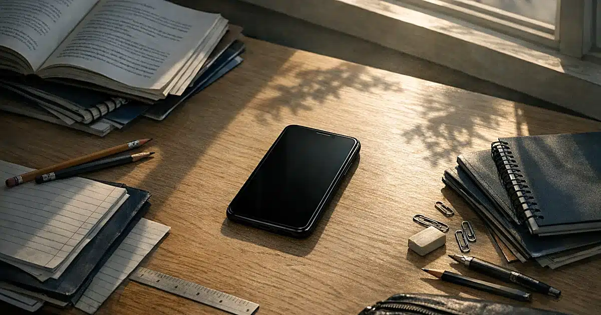 Dormant smartphone on classroom desk surrounded by school supplies with sunlight streaming through window