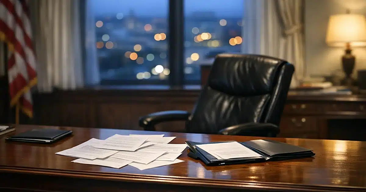 Empty executive office desk with scattered papers and pushed-back chair in New Jersey government building