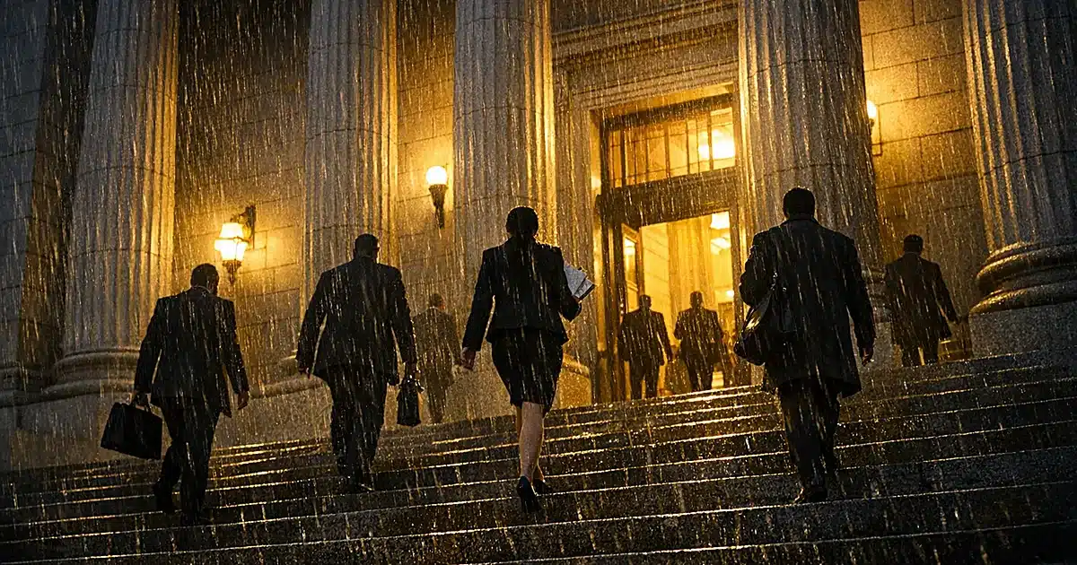 Silhouetted figures ascending federal courthouse steps at dusk with rain falling