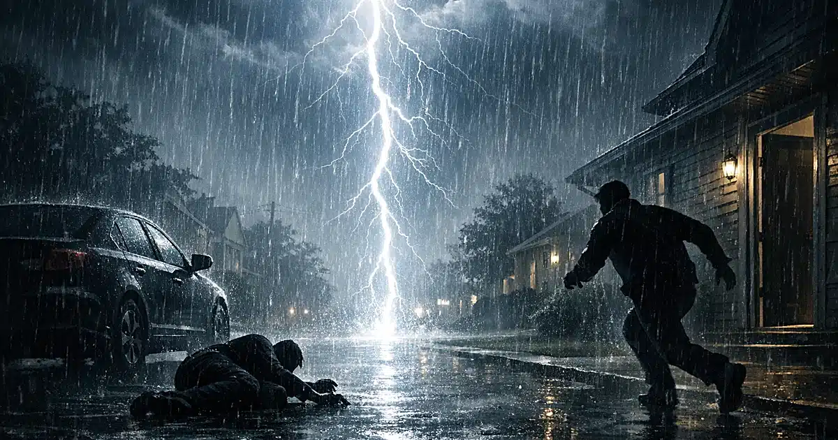 Lightning bolt striking near collapsed silhouette on residential street as another figure rushes to help during storm