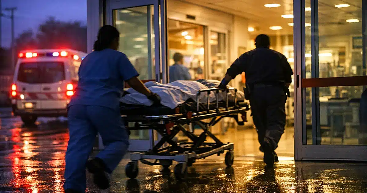Medical staff rushing gurney through hospital emergency room entrance at dusk with ambulance in background