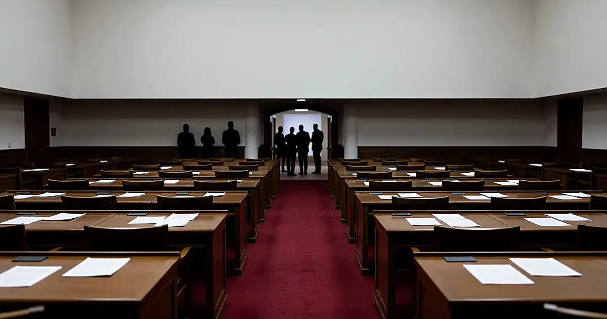 Empty California legislative chamber with scattered papers on desks and silhouetted figures in background