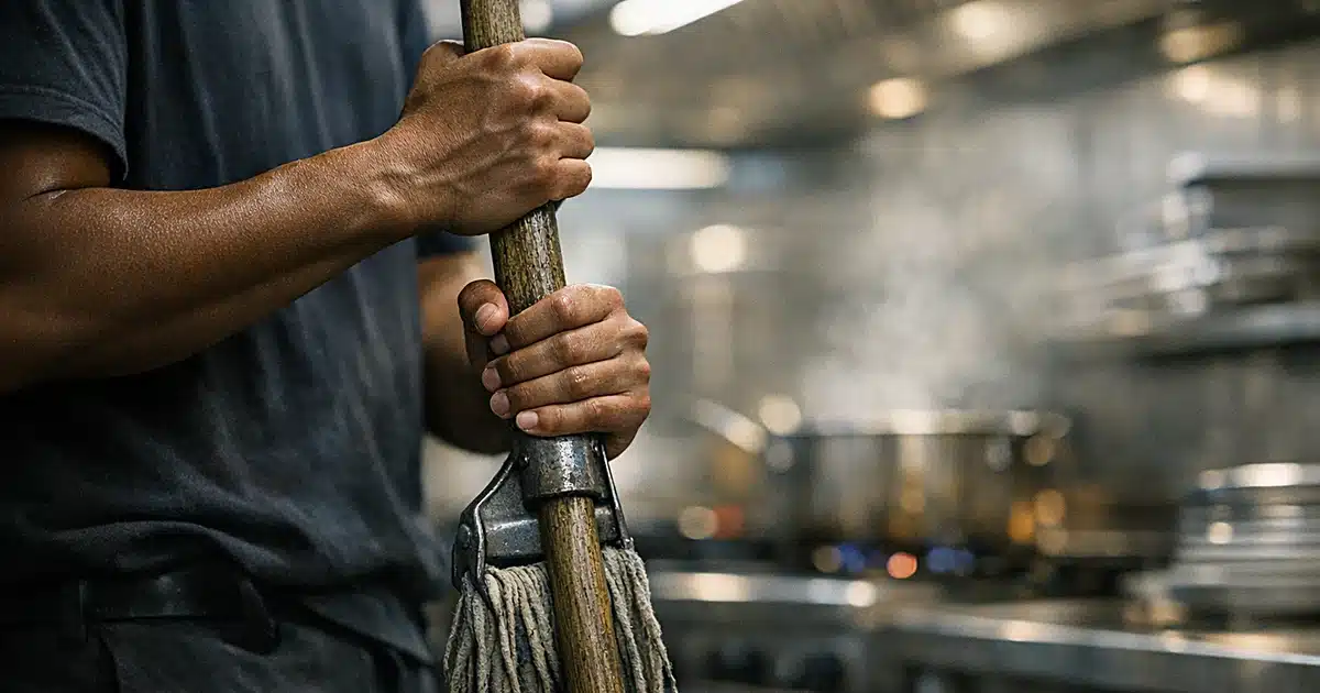 Silhouetted worker's hands gripping mop handle in commercial kitchen with blurred stainless steel equipment behind