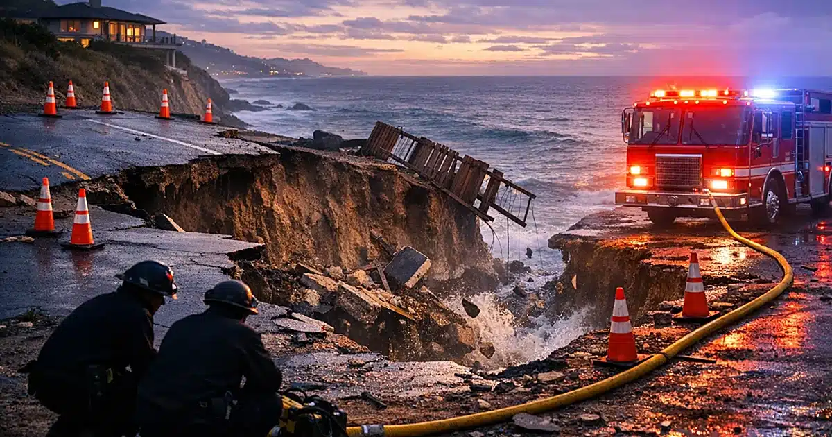Coastal erosion emergency scene with crumbling driveway, safety cones, and emergency vehicles at dusk along clifftop
