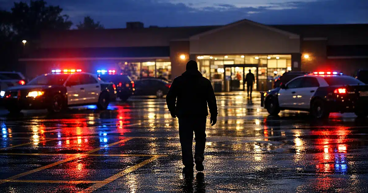 Police lights reflecting on wet grocery store parking lot at dusk with silhouetted figure walking toward entrance
