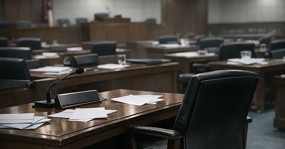 Empty legislative chamber with scattered papers on desks and vacant seats under fluorescent lighting
