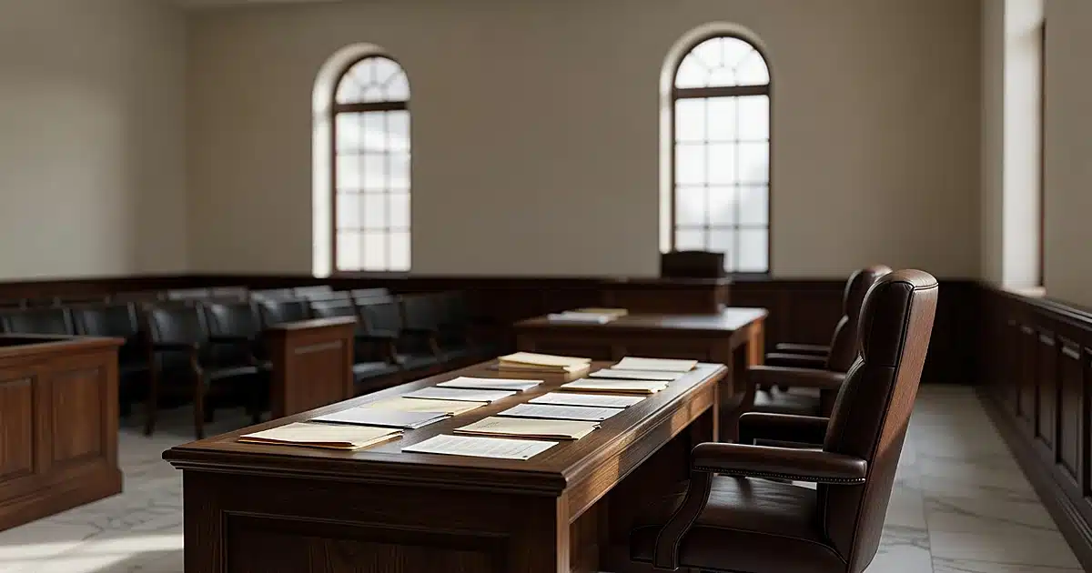 Empty federal courtroom bench with scattered legal documents and pushed-back chair in natural window light