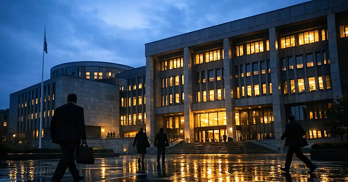 Norwegian government building at dusk with silhouetted figures walking toward entrance across wet plaza