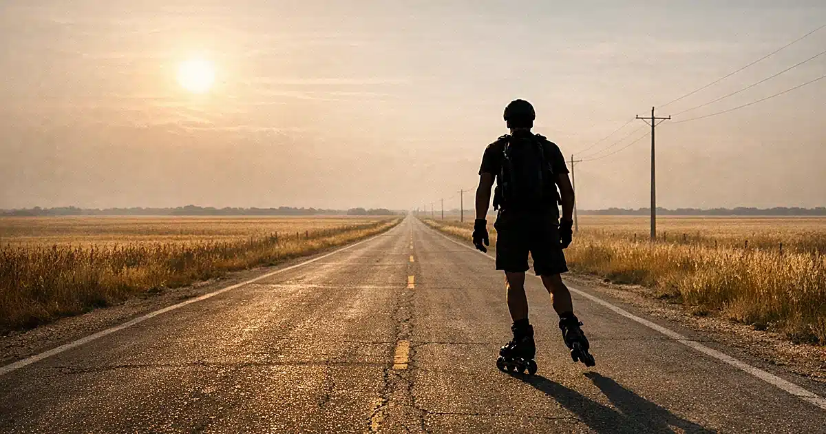 Silhouette of inline skater from behind on empty rural highway through Kansas prairie at sunset