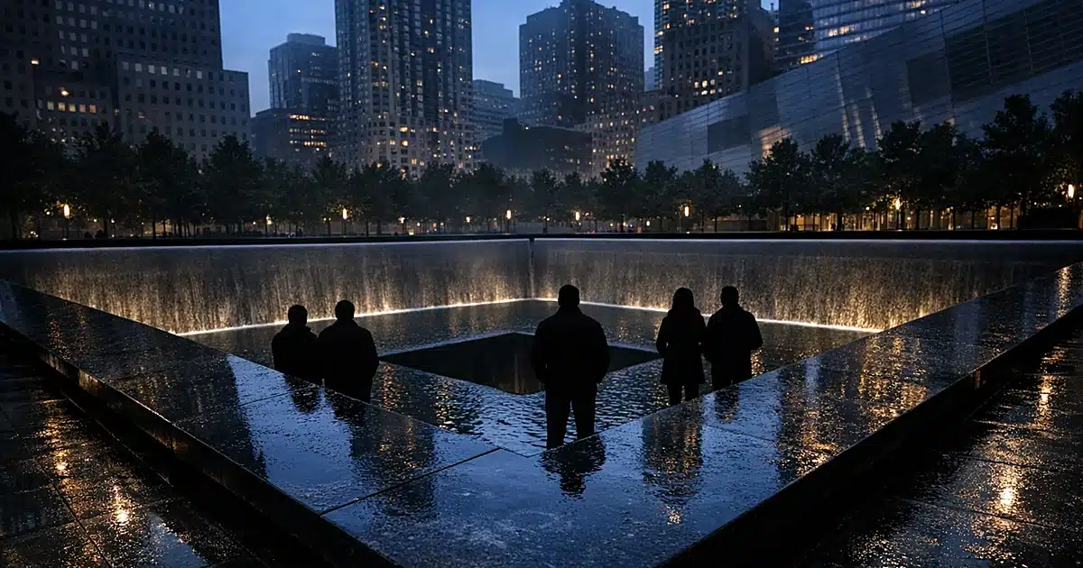 Wide view of 9/11 memorial reflecting pools at dawn with distant silhouetted figures standing at the edge