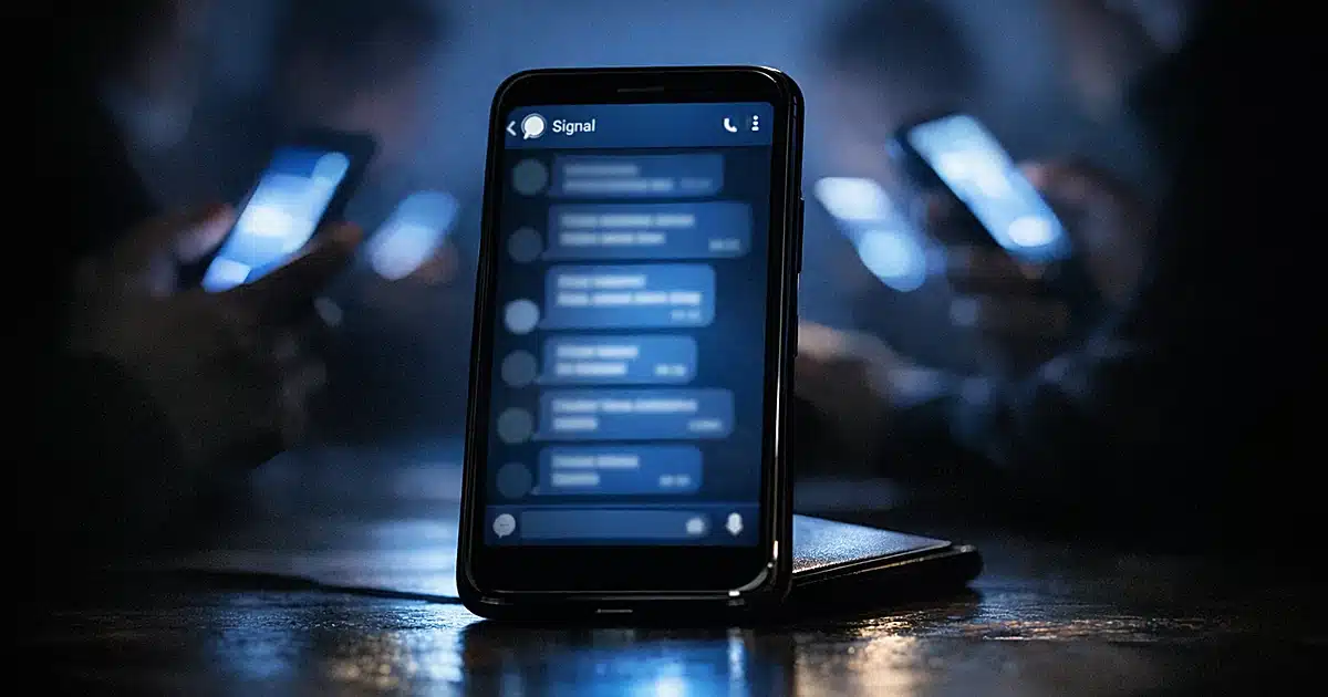 Smartphone displaying encrypted messaging app interface in darkness with silhouetted figures holding phones in background