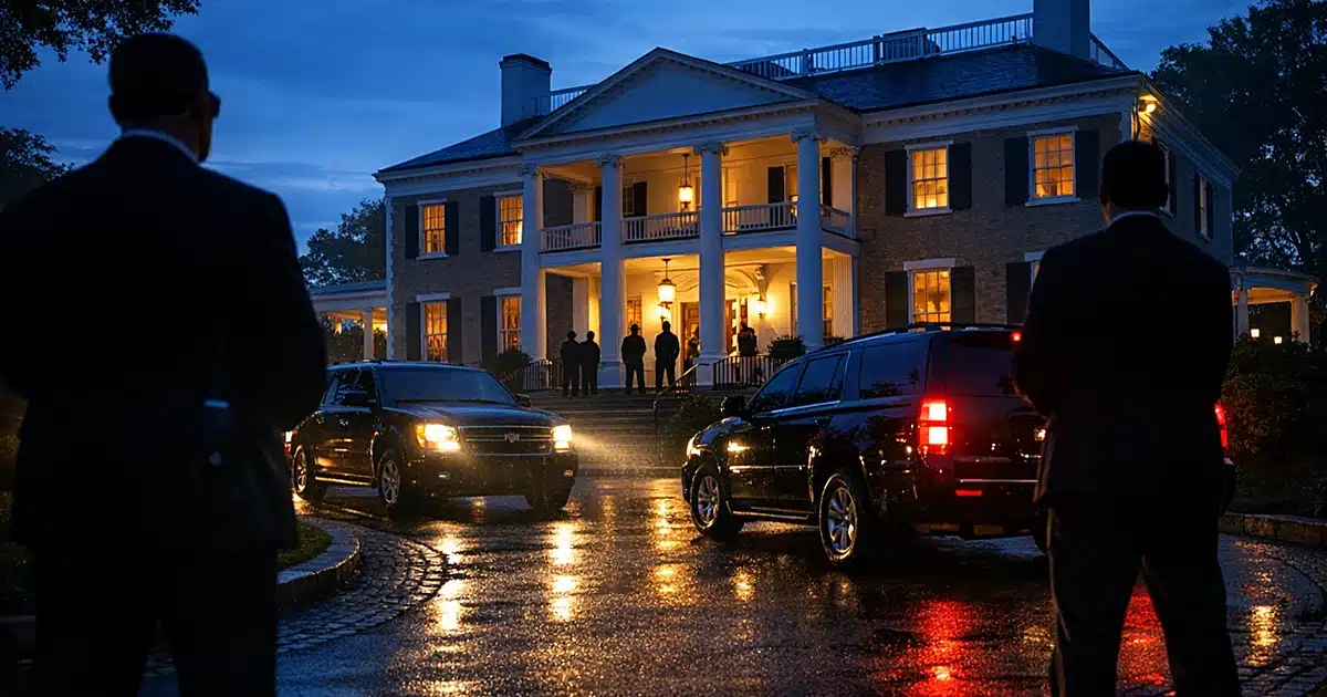 Gracie Mansion exterior at dusk with motorcade vehicles and security silhouettes near illuminated entrance