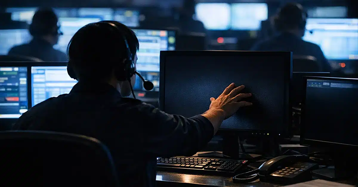 Emergency dispatch center at night with silhouetted operator reaching toward dark computer screen
